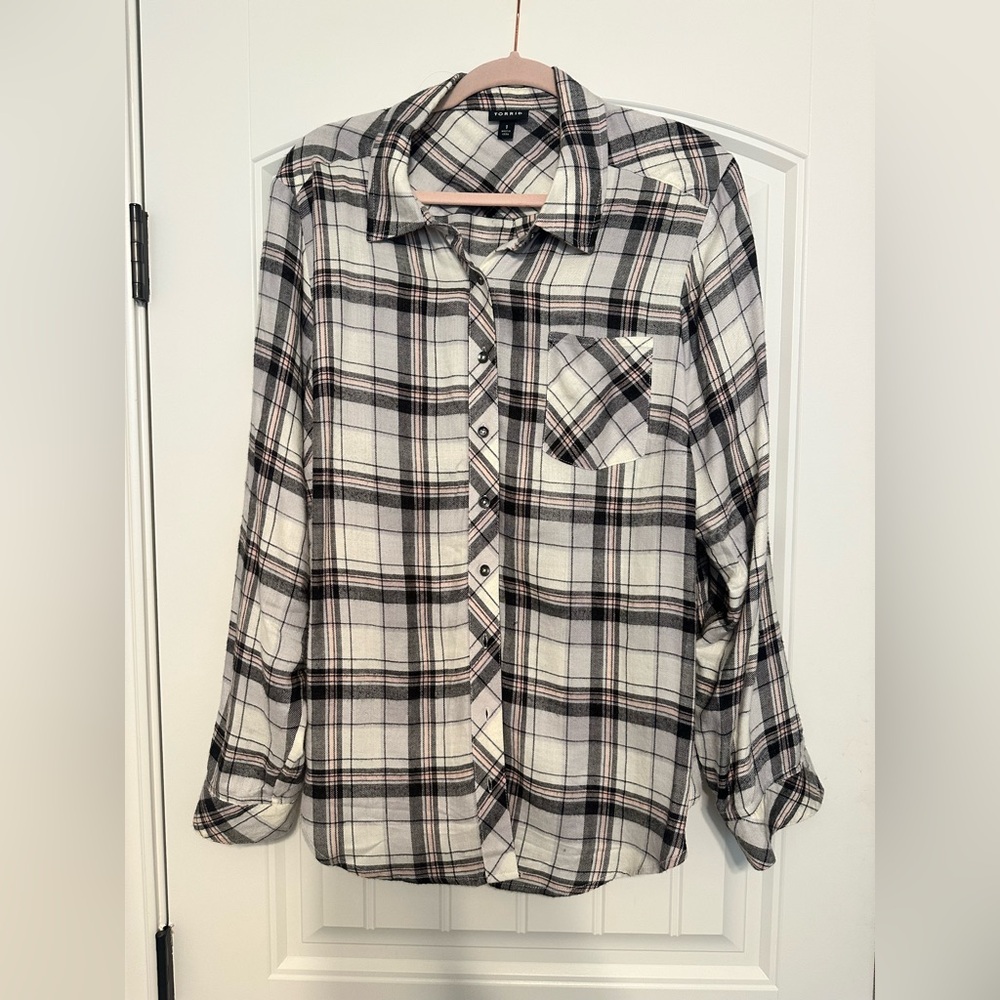 Torrid Black, White and Pink Plaid Shirt